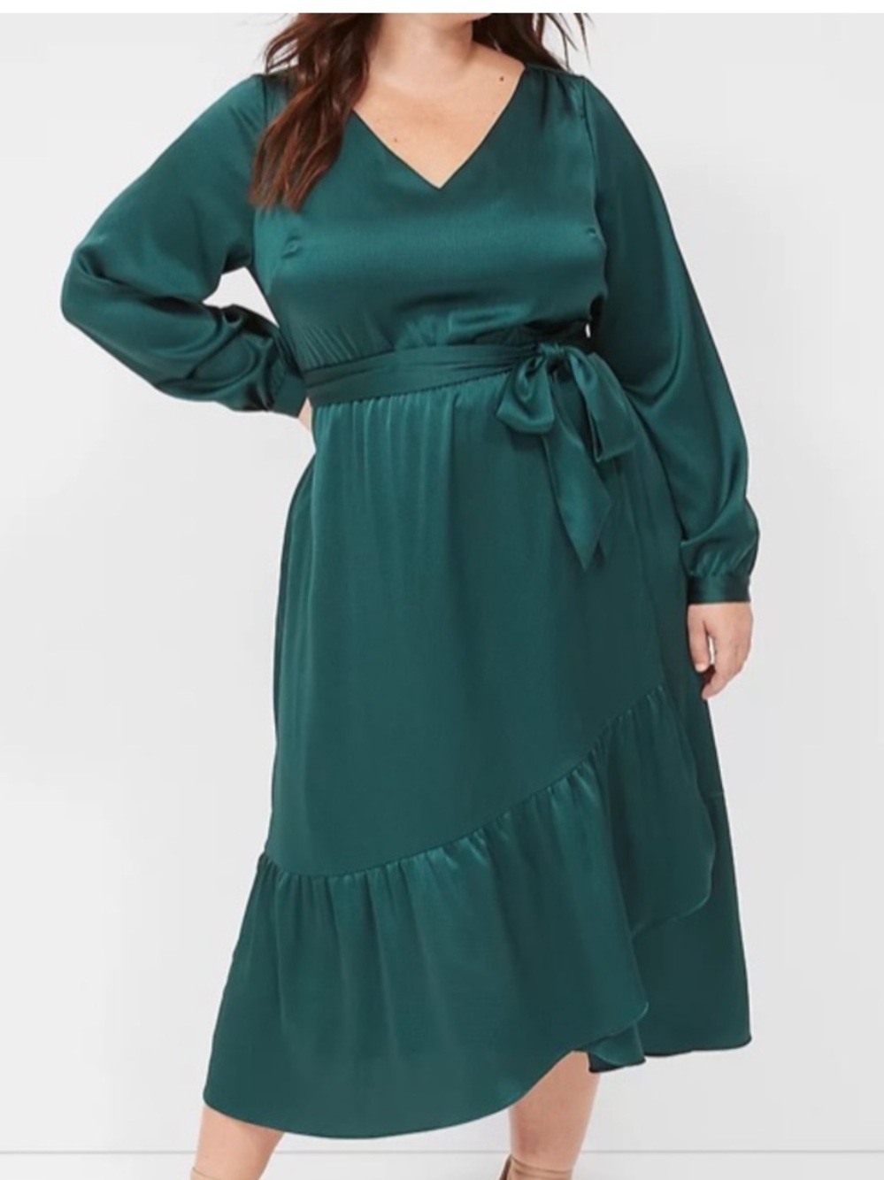 Lane Bryant V-Neck Long Sleeve Midi Dress with Tie Waist - Emerald Green sz 18